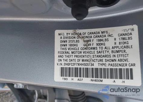 2017 Honda Civic Ex z USA, uszkodzony, nr VIN 2HGFC2F7XHH505134